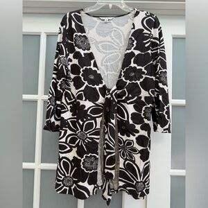 CAbi Women’s Mod Floral Front Tie Dark Brown Ivory Top Tunic Cardigan Size XL